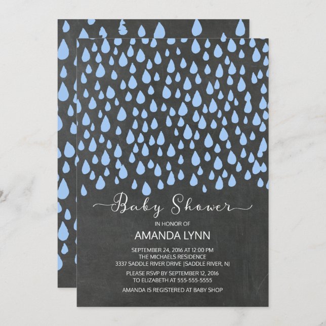 Chalkboard Watercolor Raindrops Boys Baby Shower Invitation (Front/Back)