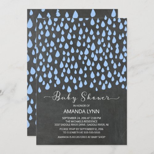 Chalkboard Watercolor Raindrops Boys Baby Shower Invitation