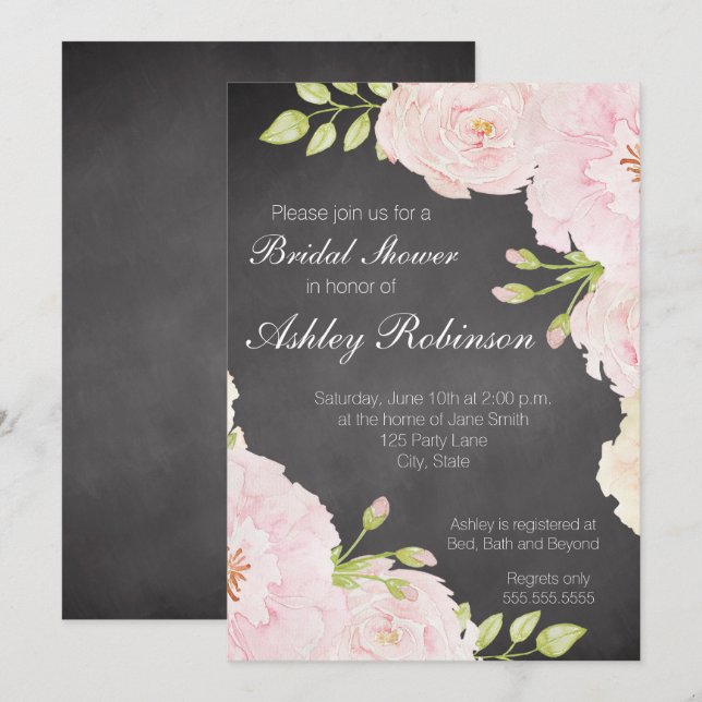 Chalkboard Watercolor Roses Bridal Shower Invitation (Front/Back)