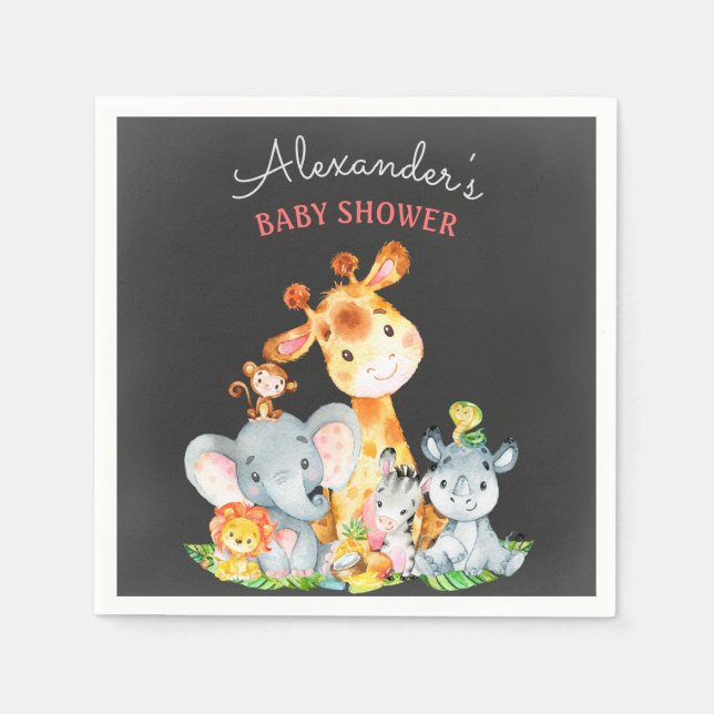 Chalkboard Watercolor Safari Animals Baby Shower Napkins (Front)