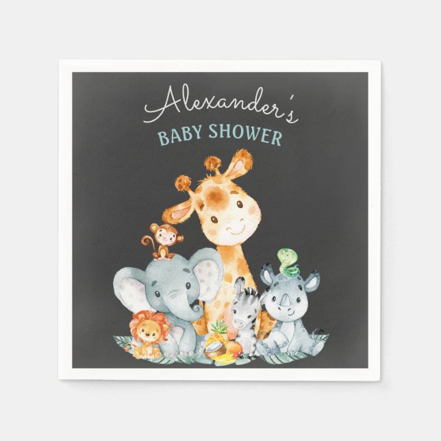Chalkboard Watercolor Safari Animals Baby Shower Napkins (Front)
