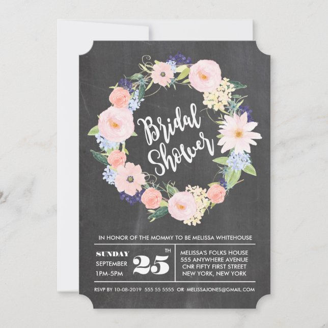 Chalkboard Watercolor Wreath Bridal Shower Invite (Front)