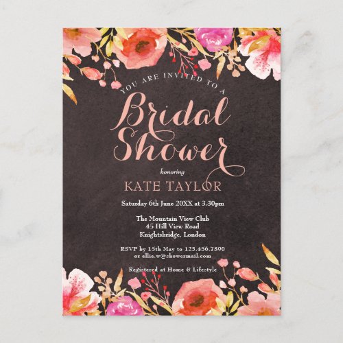 Chalkboard Watercolour Floral Bridal Shower Announcement Postcard