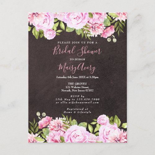Chalkboard Watercolour Floral Bridal Shower Announcement Postcard