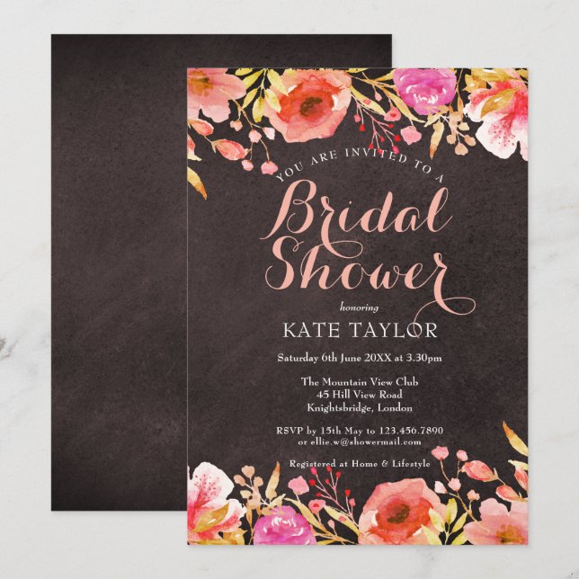 Chalkboard Watercolour Floral Bridal Shower Invitation (Front/Back)