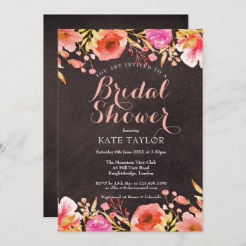 Chalkboard Watercolour Floral Bridal Shower Invitation by thisisnotmedesigns at Zazzle