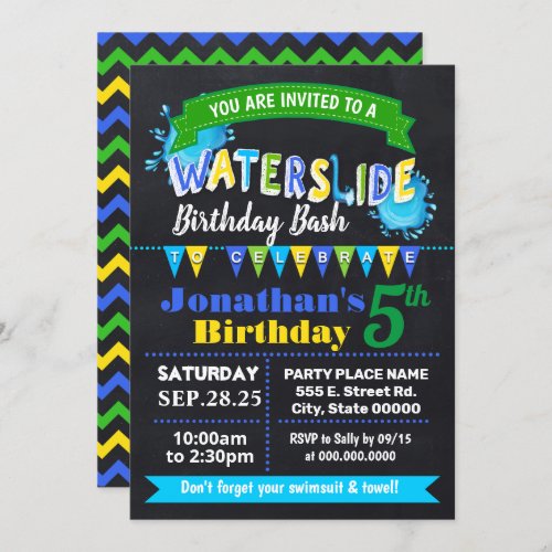 Chalkboard Waterslide birthday summer party blue Invitation