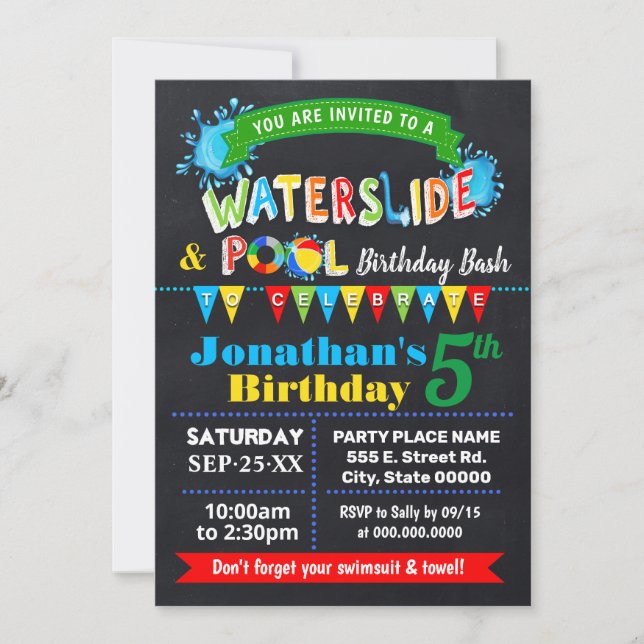 Chalkboard Waterslide Pool Birthday Party Bash Invitation (Front)