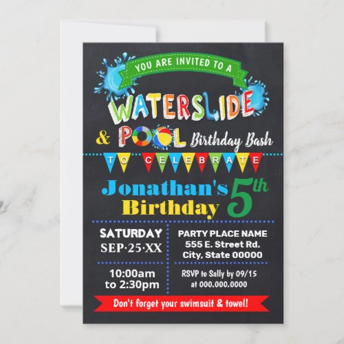 Chalkboard Waterslide Pool Birthday Party Bash Invitation