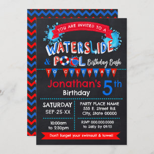 Chalkboard Waterslide Pool Birthday Party Bash Invitation