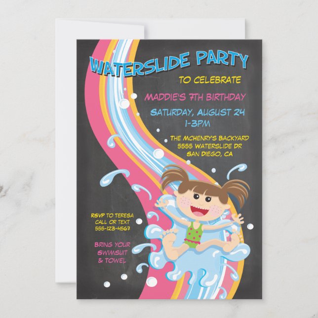 Chalkboard Waterslide Pool Party Invitation (Front)