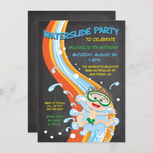 Chalkboard Waterslide Pool Party Invitation