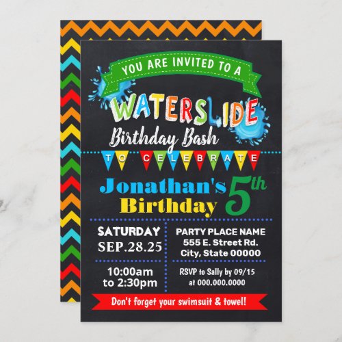 Chalkboard Waterslide summer birthday bash Invitation