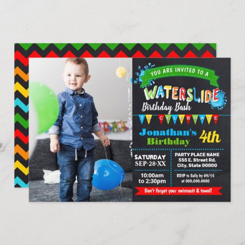 Chalkboard Waterslide summer birthday bash photo Invitation