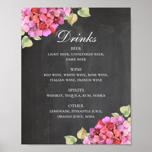 Chalkboard wedding alcohol drinks bar Pink flower Poster
