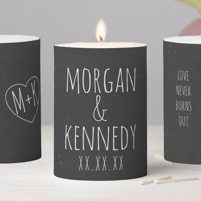 Chalkboard Wedding Anniversary Gift Pillar Candle (True love never burns out. Add your name to this faux chalkboard wedding anniversary candle)