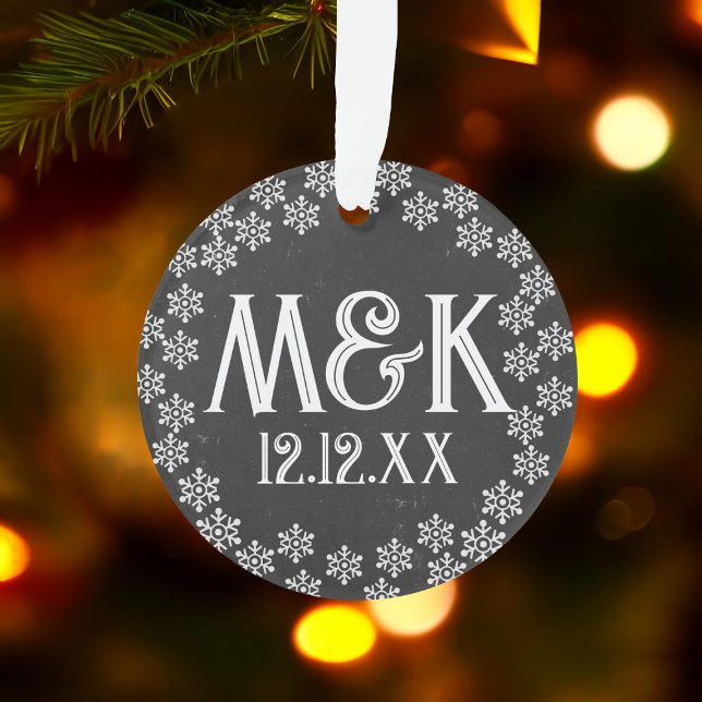 Chalkboard Wedding Anniversary Monogram Snowflakes Ornament (Add your initials and special date to this snowflake ornament. Makes a lovely special gift for them)