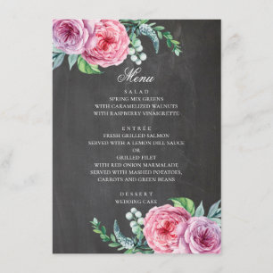 Chalkboard wedding. Boho garden pink flowers Menu