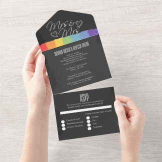 Chalkboard wedding doodle hearts Mrs and Mrs All In One Invitation