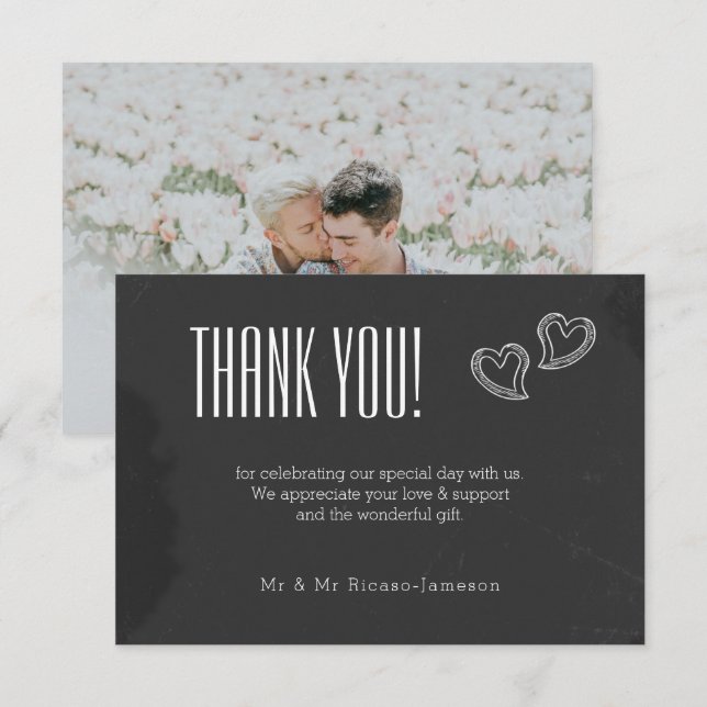 Chalkboard wedding doodle hearts thank you card (Front/Back)