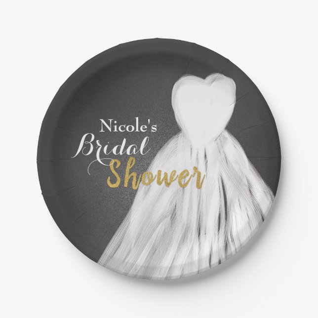 Chalkboard Wedding Dress Bridal Shower Paper Plates (Front)