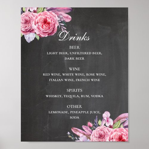 Chalkboard wedding drinks bar Flowers  feathers Poster