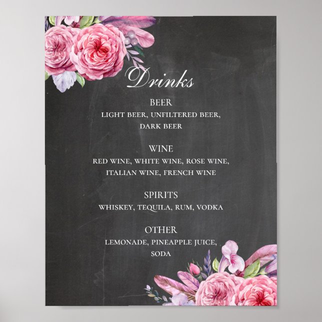 Chalkboard wedding drinks bar. Flowers & feathers Poster (Front)