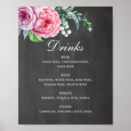 Chalkboard wedding drinks Pink floral alcohol Poster