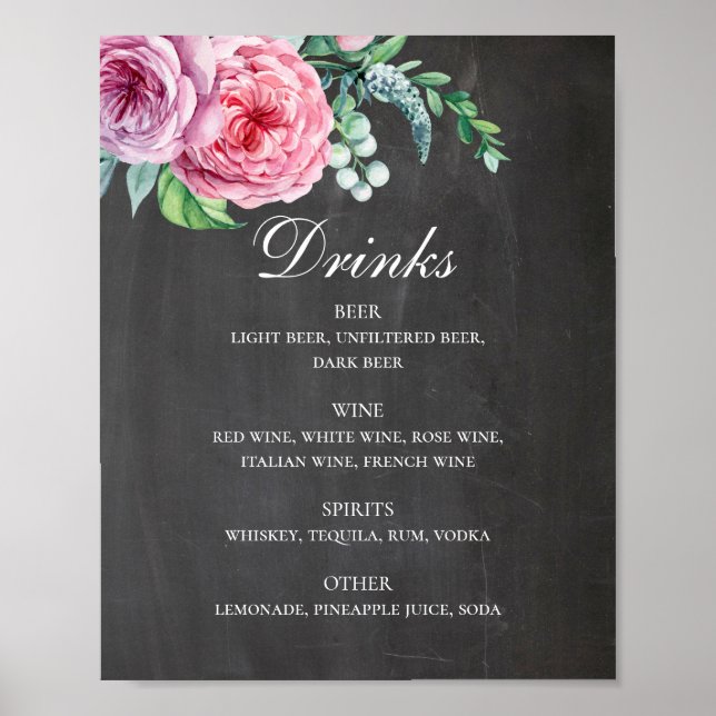 Chalkboard wedding drinks. Pink floral alcohol Poster (Front)