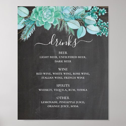 Chalkboard wedding drinks Succulents mint floral Poster