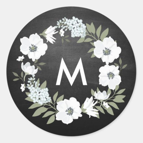 Chalkboard Wedding Floral Monogram Classic Round Sticker