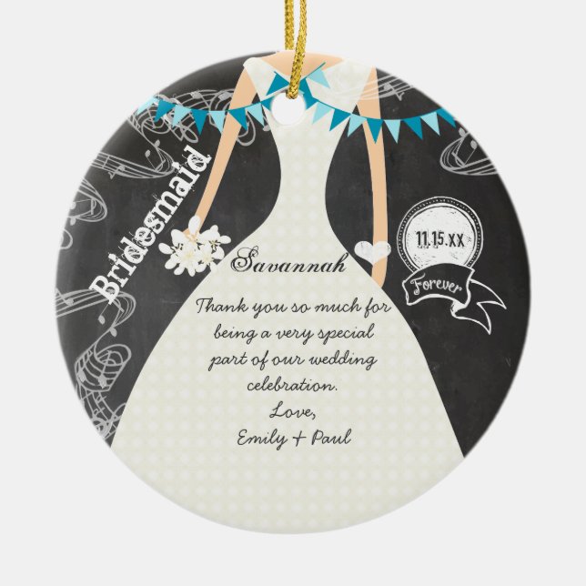 Chalkboard Wedding Gown Bridesmaid Gifts Ceramic Ornament (Front)