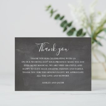 Chalkboard wedding. Modern blackboard script Thank You Card | Zazzle