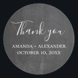 Chalkboard wedding. Modern gray script thank you Classic Round Sticker<br><div class="desc">Chalkboard wedding thank you sticker. Please contact me if you need additional items.</div>