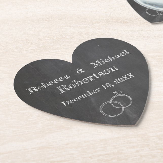 Chalkboard Wedding Rings Personalized Paper Coaster (Angled)