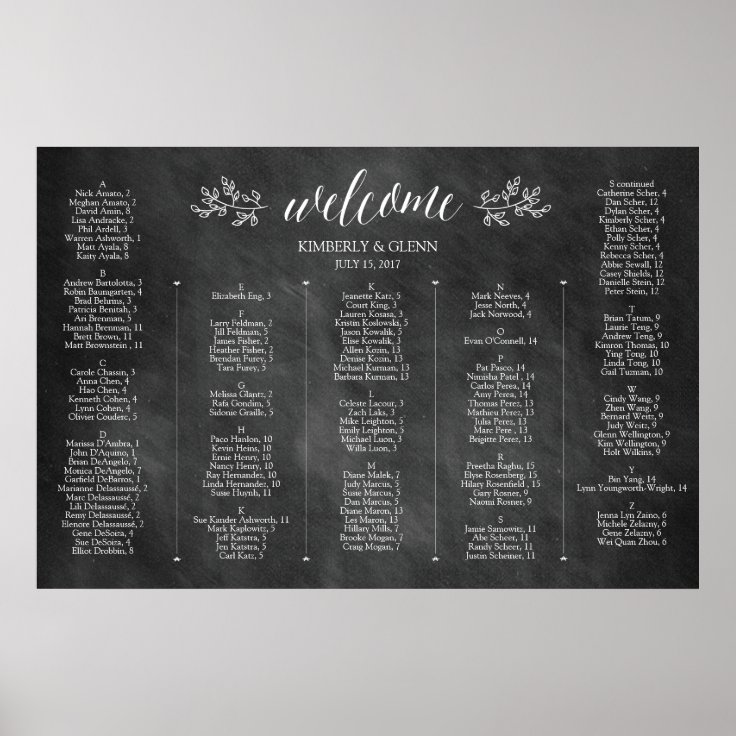 Chalkboard Wedding Seating Chart Alphabetical Zazzle