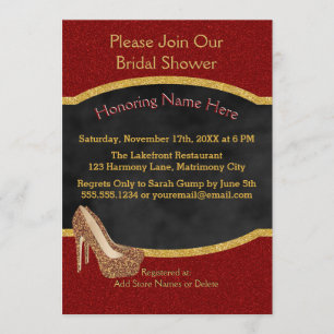 Chalkboard Wedding Shower Red Gold Glitter Heels Invitation