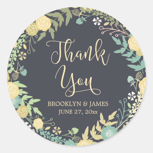 Chalkboard Wedding Stickers Round Yellow Wreath (Front)