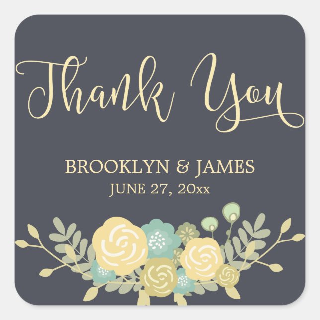 Chalkboard Wedding Stickers Square Yellow Flowers (Front)