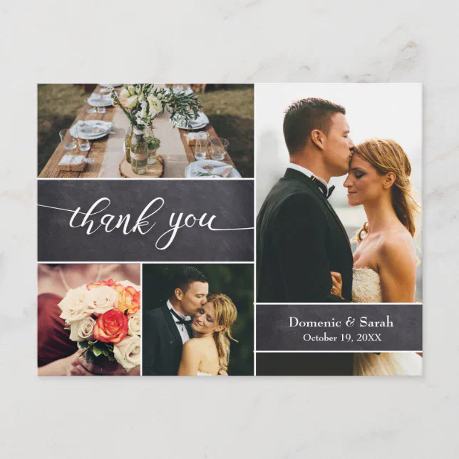 Chalkboard Wedding Thank You photo collage rustic Postcard | Zazzle