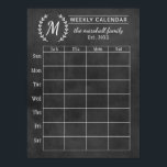 Chalkboard Weekly Family Monogram Calendar Poster<br><div class="desc">Note: this is not an actual chalkboard. It is a poster made to look like one one. Personalize this custom weekly calendar print with your family monogram text, year established, title, and family member names. Frame your poster and use chalk pens to fill in your dates and activity information. Write...</div>