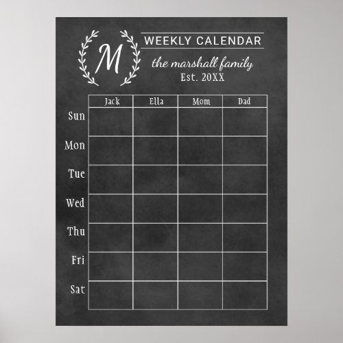 Chalkboard Weekly Family Monogram Calendar Poster