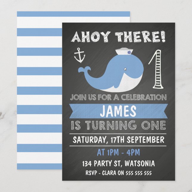 Chalkboard Whale Anchor 1st Birthday Invitation (Front/Back)