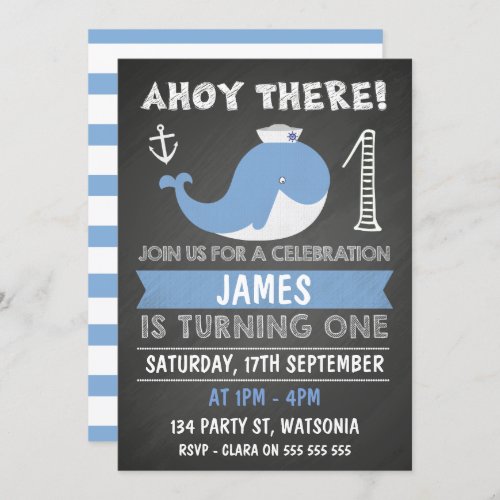 Chalkboard Whale Anchor 1st Birthday Invitation