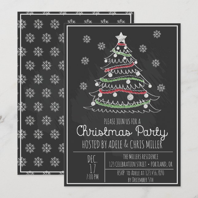 Chalkboard Whimsical Christmas Tree Holiday Party Invitation (Front/Back)