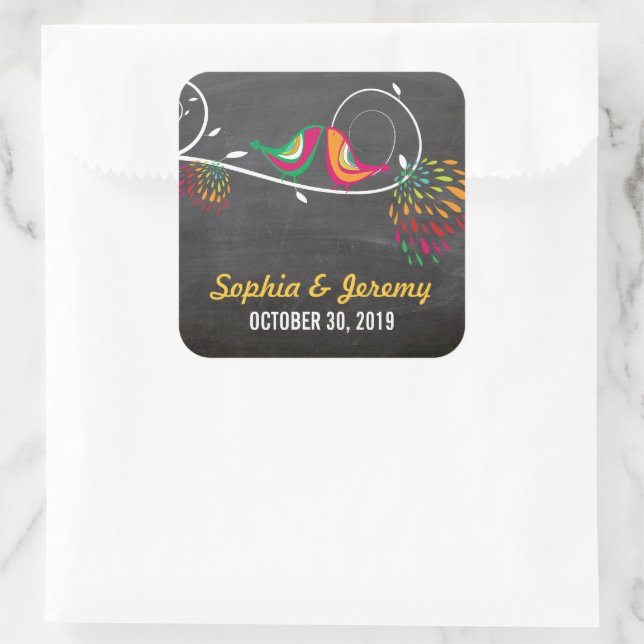 Chalkboard Whimsical Kissing Summer Birds Wedding Square Sticker (Bag)