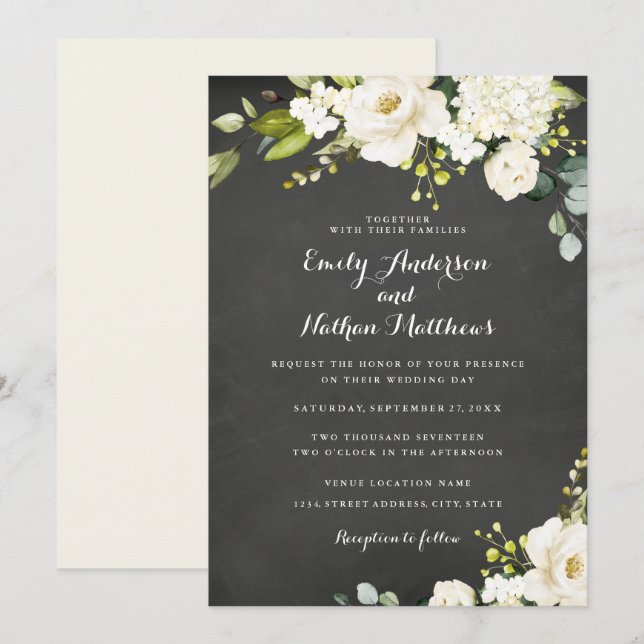 Chalkboard White Champagne Floral Wedding Invitation (Front/Back)