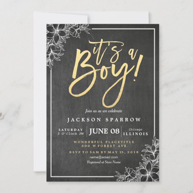 Chalkboard White Floral Gold Script Baby Shower Invitation (Front)