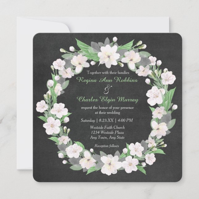 Chalkboard White Floral Wreath Wedding Invitation (Front)