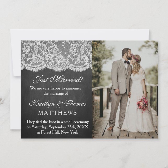 Chalkboard & White Lace Wedding Photo Marriage Announcement (Front)